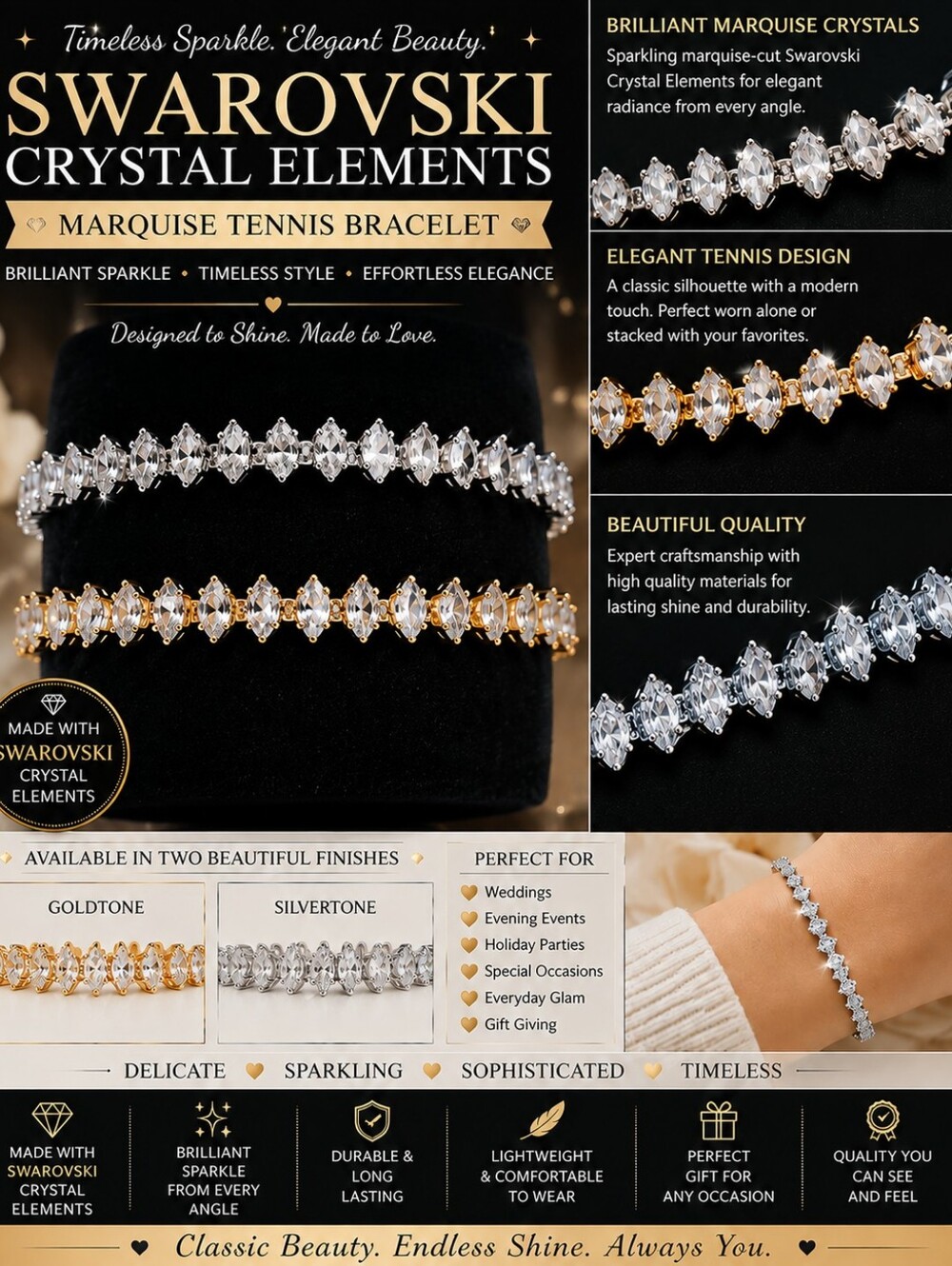 Marquise Tennis Bracelet - Goldtone or Silvertone - Clear Crystals